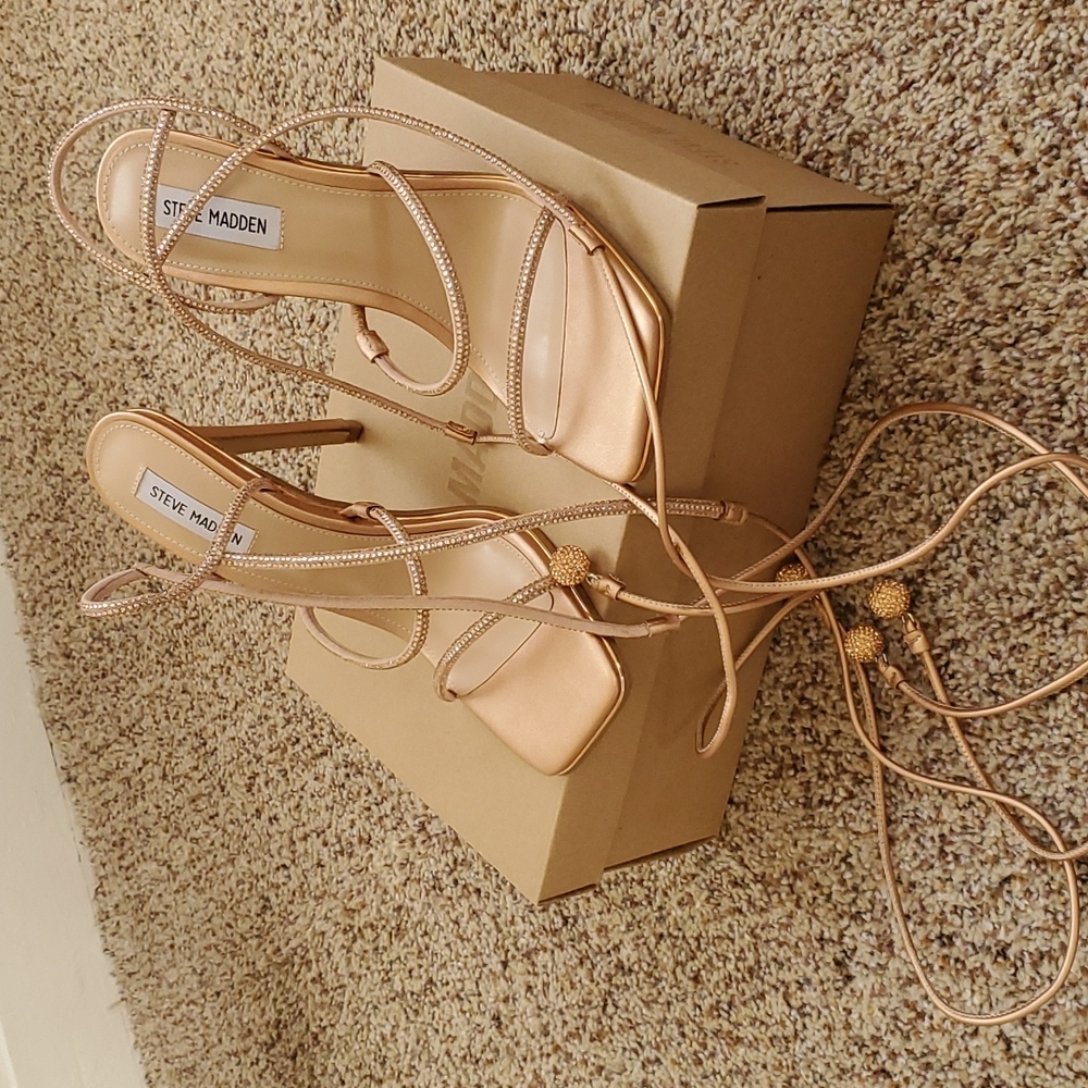 Rose gold heels matching clutch